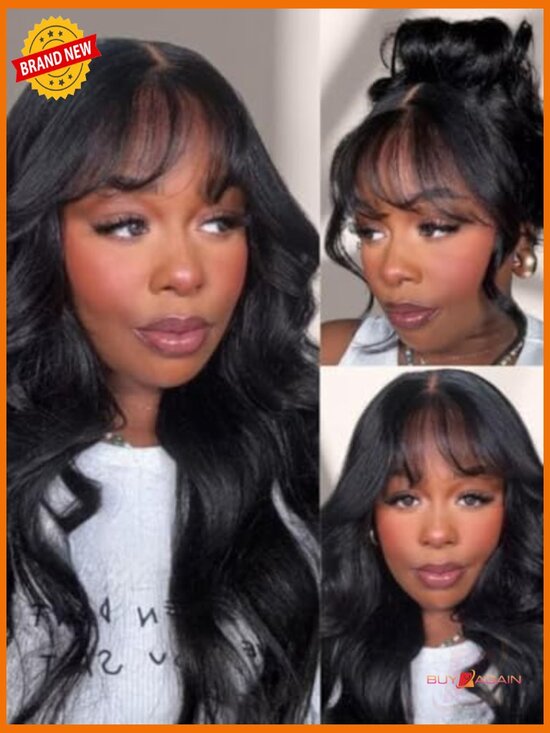Glueless Body Wave Wig with Curtain Bangs 7x5 Lace Front 180  display picture 3